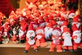 Souvenirs Santa Claus Dolls Toys At European Winter Christmas Market. New Year Wooden Souvenir From Europe.