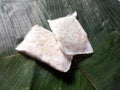 Traditional soy bean fermented tempeh packaging using banana leaf