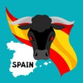 Traditional spanish corrida. Bull on background flag and map of Spain Royalty Free Stock Photo