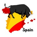 Traditional spanish corrida. Bull on background flag and map of Spain Royalty Free Stock Photo