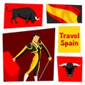 Traditional spanish corrida. Bull and toreador with sword and red cape