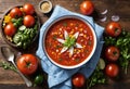 Traditional spanish cold tomato soup. Generative AI