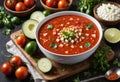 Traditional spanish cold tomato soup. Generative AI