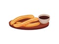 Traditional spanish dessert churros on a wooden tray. Vector illustration on white background. Royalty Free Stock Photo