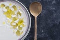 Traditional Spanish dish, cold soup ajo blanco or ajoblanco from garlic, almonds, white wine vinegar, olive oil and grapes Royalty Free Stock Photo