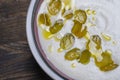 Spanish dish, cold soup ajo blanco or ajoblanco from garlic, almonds, white wine vinegar, olive oil and grapes Royalty Free Stock Photo