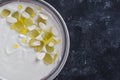 Spanish dish, cold soup ajo blanco or ajoblanco from garlic, almonds, white wine vinegar, olive oil and grapes Royalty Free Stock Photo