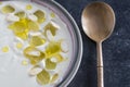 Traditional Spanish dish, cold soup ajo blanco or ajoblanco from garlic, almonds, white wine vinegar, olive oil and grapes Royalty Free Stock Photo