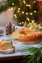 Traditional Spanish Epiphany cake, Roscon de Reyes with festive decorations