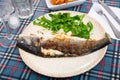 Fresh baked fish sea bass with arugula