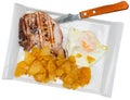 Traditional spanish fried pork with potato and egg on plate. Cerdo patata eggs Royalty Free Stock Photo