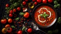 Traditional spanish gazpacho soup tomatoes and basil in the kitchen