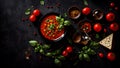 Traditional spanish gazpacho soup tomatoes basil in the kitchen