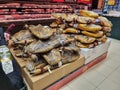 Traditional Spanish meat food - jamon ham sales at the market Royalty Free Stock Photo