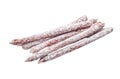 Traditional Spanish mini fuet sausage. Isolated, white background.