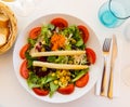 Traditional Spanish mixed salad, made from peas, corn, tomato, lettuce, olives, carrots, asparagus, onions Royalty Free Stock Photo