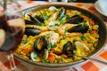 Spanish paella with shrimps and mussels served in a cafÃÆÃÂ© in Puerto de la Cruz or Crossport in the est of the island of Royalty Free Stock Photo