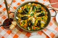 Spanish paella with shrimps and mussels served in a cafÃÂ© in Puerto de la Cruz or Crossport in the est of the island of Royalty Free Stock Photo