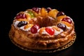 Traditional Spanish ring shaped cake for Three Kings Day, Epiphany day, Dia de los Reyes Magos - Roscon de Reyes