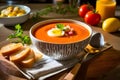 Traditional Spanish Salmorejo Soup. Chilled tomato and bread soup with garnishes. Royalty Free Stock Photo