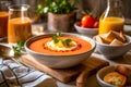 Traditional Spanish Salmorejo Soup. Chilled tomato and bread soup with garnishes. Royalty Free Stock Photo