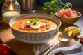 Traditional Spanish Salmorejo Soup. Chilled tomato and bread soup with garnishes. Royalty Free Stock Photo