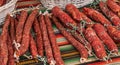 Traditional Spanish sausages arranged at the stand