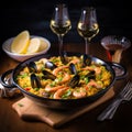 Traditional spanish seafood paella in the fry pan on a wooden table