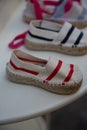 Traditional Spanish shoes for summer, espadrilles, make from soft fabric for baby, children and adults