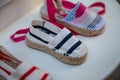 Traditional Spanish shoes for summer, espadrilles, make from soft fabric for baby, children and adults