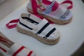 Traditional Spanish shoes for summer, espadrilles, make from soft fabric for baby, children and adults