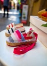 Traditional Spanish shoes for summer, espadrilles, make from soft fabric for baby, children and adults