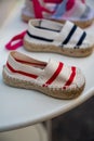 Traditional Spanish shoes for summer, espadrilles, make from soft fabric for baby, children and adults