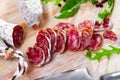 Traditional spanish thin salami sausage Fuet, sliced Royalty Free Stock Photo