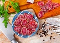 Traditional spanish thin salami sausage Fuet, sliced Royalty Free Stock Photo