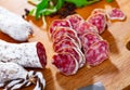 Traditional spanish thin salami sausage Fuet, sliced Royalty Free Stock Photo