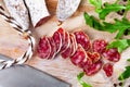 Traditional spanish thin salami sausage Fuet, sliced Royalty Free Stock Photo