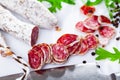 Traditional spanish thin salami sausage Fuet, sliced Royalty Free Stock Photo