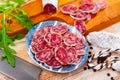 Traditional spanish thin salami sausage Fuet, sliced Royalty Free Stock Photo