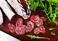 Traditional spanish thin salami sausage Fuet, sliced Royalty Free Stock Photo