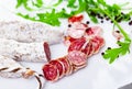 Traditional spanish thin salami sausage Fuet, sliced Royalty Free Stock Photo