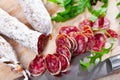 Traditional spanish thin salami sausage Fuet, sliced Royalty Free Stock Photo