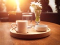 Traditional sparkling turkish coffee served with porcelain cup, chocolate, glass of water and flowers Royalty Free Stock Photo