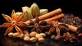 Traditional spices anise, star anise. Ingredients for cooking many dishes. Spices and herbs for cooking. Generative Ai