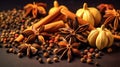 Traditional spices anise, star anise. Ingredients for cooking many dishes. Spices and herbs for cooking. Generative Ai