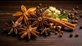 Traditional spices anise, star anise. Ingredients for cooking many dishes. Spices and herbs for cooking. Generative Ai