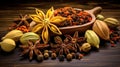 Traditional spices anise, star anise. Ingredients for cooking many dishes. Spices and herbs for cooking. Generative Ai