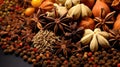 Traditional spices anise, star anise. Ingredients for cooking many dishes. Spices and herbs for cooking. Generative Ai