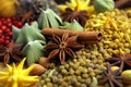 Traditional spices anise, star anise, turmeric close-up. Ingredients for cooking many dishes. Generative Ai content