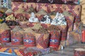 Traditional spices bazaar with herbs and spices in street old market in Sharm El Sheikh, Egypt. close up Royalty Free Stock Photo